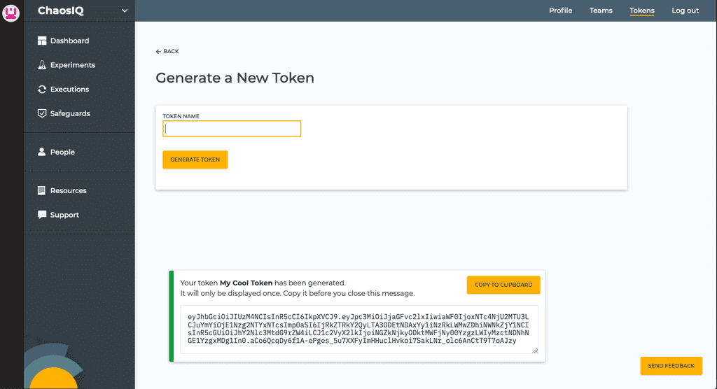 Your token is displayed and you can copy it
