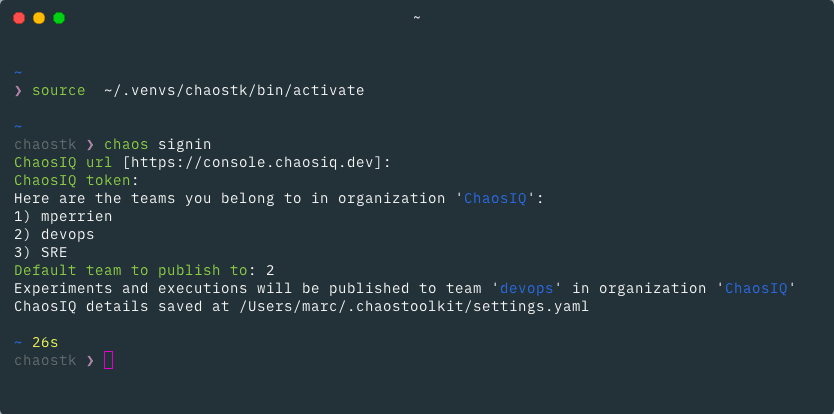 ChaosIQ Sign-in process when running Chaos Toolkit in a terminal